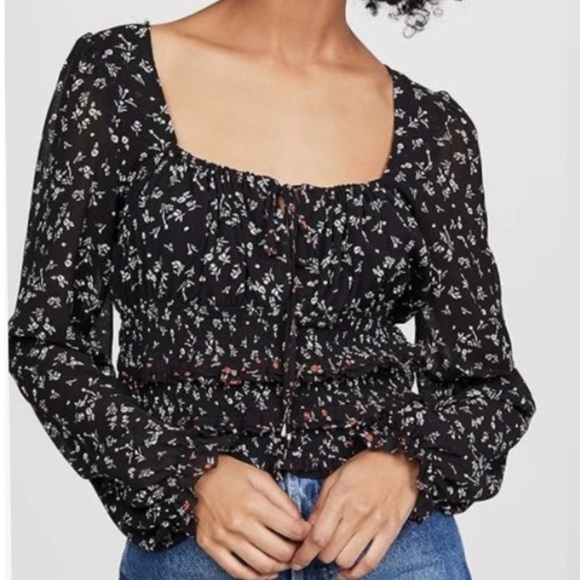 Free People Tops - Free People Top Printed Lolita Floral Smocked Blouse Sz S Black Peasant #879